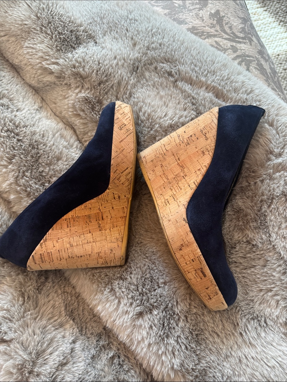 Stuart Weitzman Navy Suede Cork Wedge Pumps